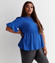 New Look Curves Bright Blue Crinkle Jersey Short Frill Sleeve Peplum Top